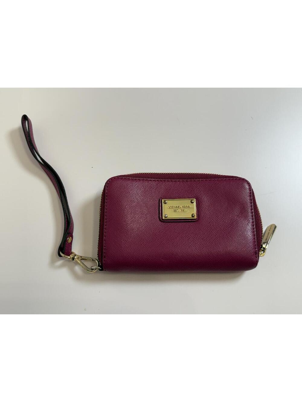 Michael Kors Plum Saffiano Leather Zip Around Wristlet Wallet Gold Logo Plate